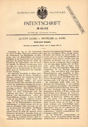 Original Patent - August Lauber in Birsfelden b. Basel , 1887 , Elektrischer Sammler , Batterie , Elektrik , Arlesheim !
