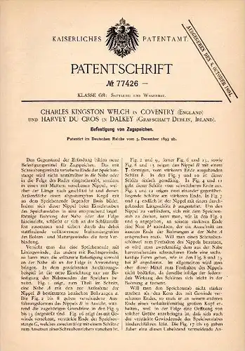 Original Patent - Harvey du Cros in Dalkey , Ireland , 1893 , Wheel hub, spoke attachment , CH. Welch in Coventry !!!