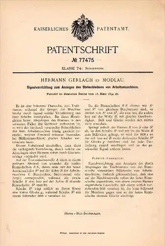 Original Patent - Hermann Gerlach in Modlau / Mod&#322;a , 1884 , Signalvorrichtung für Maschinen , Niederschlesien , Bu