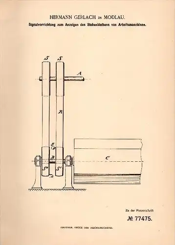 Original Patent - Hermann Gerlach in Modlau / Mod&#322;a , 1884 , Signalvorrichtung für Maschinen , Niederschlesien , Bu