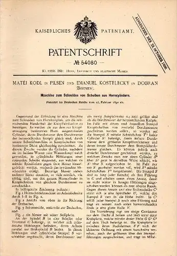 Original Patent - E. Kostelecky in Dobran / Dobrany , 1890 , Maschine zum Schneiden von Horn , Elfenbein , M. Kodl Plzen