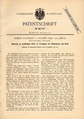 Original Patent - J. Toussaint in Holmes Hall near Brigg , 1887 , Furnace for producing steel , Lincolshire !!!