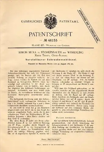 Original Patent - Simon Mura in Storkensauen / Storckensohn , 1887 , clé , Husseren-Wesserling , Saint Amarin !!!