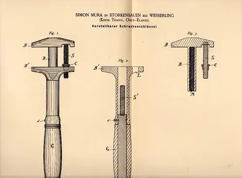 Original Patent - Simon Mura in Storkensauen / Storckensohn , 1887 , clé , Husseren-Wesserling , Saint Amarin !!!