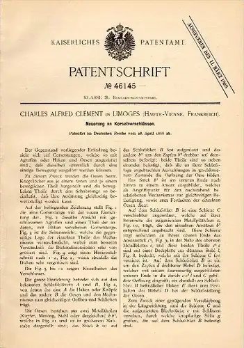Original Patent - Charles Alfred Clément dans Limoges , 1888 , Fermeture pour corset  , Korsett , Haute Vienne  !!!