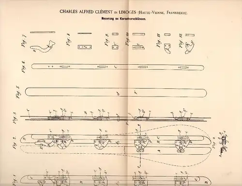 Original Patent - Charles Alfred Clément dans Limoges , 1888 , Fermeture pour corset  , Korsett , Haute Vienne  !!!