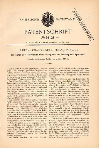 Original Patent - Hilaire de Chardonnet dans Besancon , Doubs , 1888 , Coloration des pyroxyline !!!