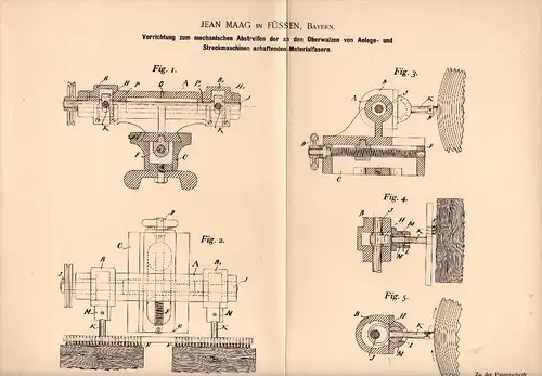 Original Patent - Jean Maag in Füssen , Bayern , 1895 , Vorrichtung für Streckmaschinen , Spinnerei , Textilien !!!