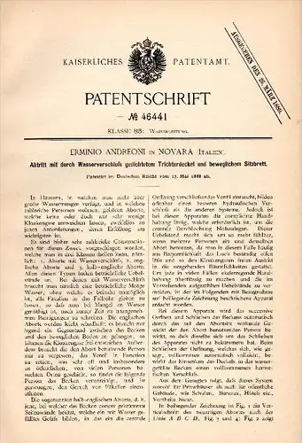 Original Patent - Erminio Andreoni in Novara , Italia , 1888 , Toilette con pediera mobile !!!