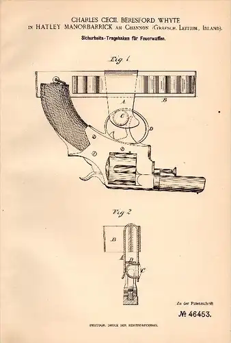 Original Patent -  Ch. Beresford Whyte in Hatley Manorbarrick on Channon , 1888 , hook for firearms , pistol , Leitrim