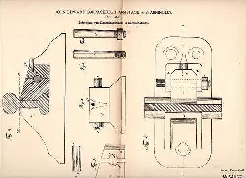 Original Patent - J.E. Barraclough Armytage in Stanningley b. Pudsey , 1885 , Fastening for railway rails !!!