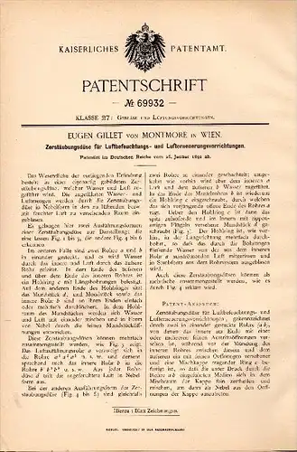 Original Patent - Eugen Gillet von Montmore in Wien , 1892 , Zerstäuber für Luftbefeuchter , Adel !!!