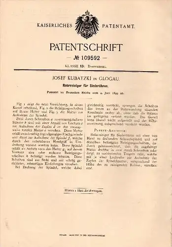 Original Patent - Josef Kubatzki in Glogau / G&#322;ogów , 1899 , Reiniger für Rohre , Dampfkessel , Dampfmaschine !!