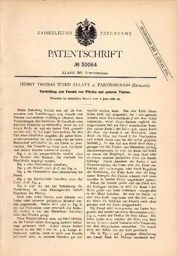 Original Patent - H. Allatt in Farnborough , 1884 , Apparatus for shackles of horses , horse !!!