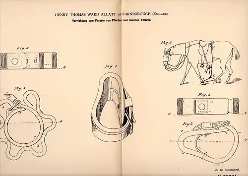 Original Patent - H. Allatt in Farnborough , 1884 , Apparatus for shackles of horses , horse !!!