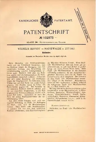 Original Patent - Wilhelm Berndt in Hainewalde b. Zittau , 1898 , Siebboden , Sieb . Roßhaar , Görlitz !!!