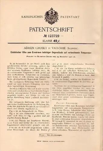Original Patentschrift -  Adrien Grobet in Vallorbe , 1900 , elektrischer Ofen , Heizung , Heizungsbau !!!