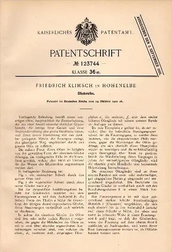 Original Patentschrift - Friedrich Klimsch in Hohenelbe / Vrchlabí , 1900 , Gliederofen , Ofen , Heizung !!!