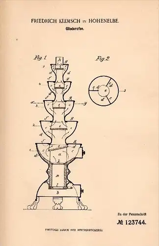 Original Patentschrift - Friedrich Klimsch in Hohenelbe / Vrchlabí , 1900 , Gliederofen , Ofen , Heizung !!!