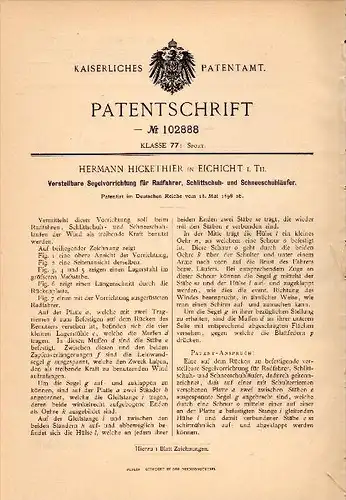 Original Patentschrift - Hermann Hickethier in Eichicht / Kaulsdorf i. Th.,1898, Segelvorrichtung für Radfahrer , Segeln