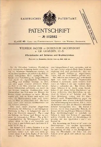 Original Patentschrift -W. Jacobi in Jakubowice / Jacobsdorf ,1898, Pferdehacke , Agrar , Grudynia Wielka / Groß Grauden