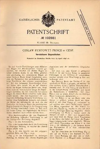 Original Patentschrift - Ceslaw Rymtowtt - Prince in Genf , 1898 , Bogenabheber für Druckerei , Buchdruck , Druck !!!