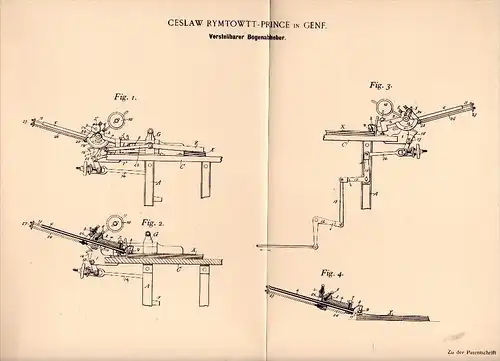 Original Patentschrift - Ceslaw Rymtowtt - Prince in Genf , 1898 , Bogenabheber für Druckerei , Buchdruck , Druck !!!