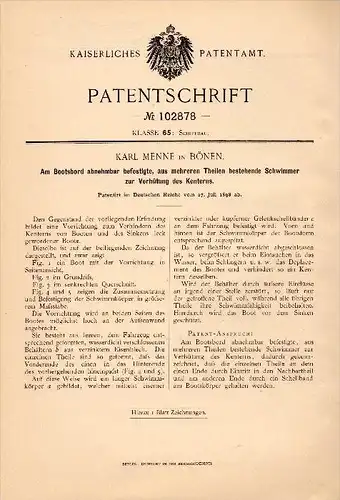 Original Patentschrift - Karl Menne in Bönen ,1898, Schwimmer zur Verhütung des Kenterns , Boot , Schiff , Seenot , Unna