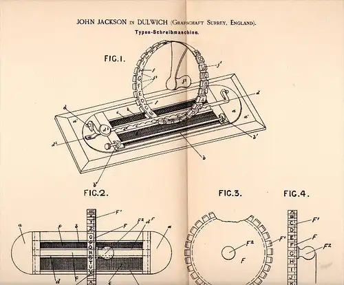 Original Patentschrift - John Jackson in Dulwich / London , 1891 , Typewriter, printing !!!