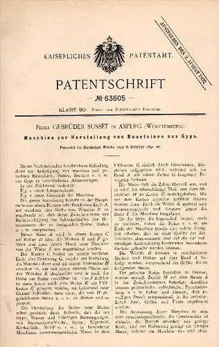 Original Patentschrift - Gebrüder Susset in Asperg , Württemberg , 1891 , Herstellung von Bausteinen aus Gips !!!