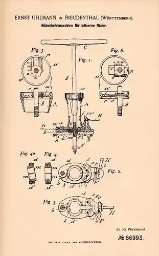 Original Patentschrift - Ernst Uhlmann in Freudental , Württemberg ,1891, Naben - Bohrmaschine für Holzräder , Holz !!!