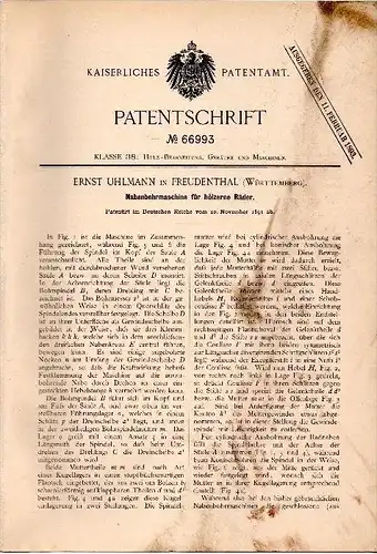 Original Patentschrift - Ernst Uhlmann in Freudental , Württemberg ,1891, Naben - Bohrmaschine für Holzräder , Holz !!!