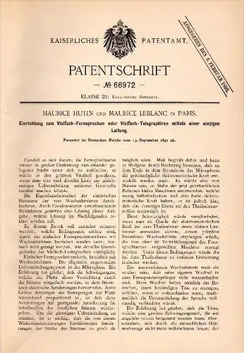 Original Patentschrift - M. Hutin und M. Leblanc in Paris , 1891 , Telegraphie mit einer einzigen Leitung , telegraphy