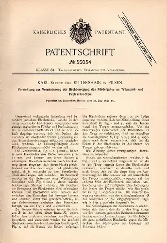 Original Patentschrift - Karl Ritter von Rittershain in Pilsen / Plzen , 1890 , Apparat für Transportschnecke !!!