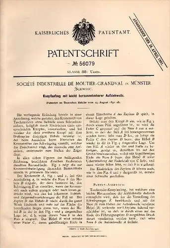 Original Patentschrift -Société Industrielle de Moutier - Grandval in Münster / Geschinen , 1890 , Knopfaufzug für Uhren