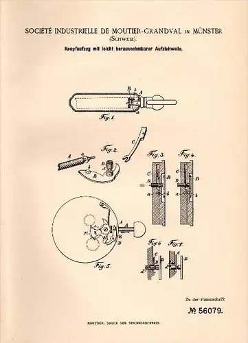 Original Patentschrift -Société Industrielle de Moutier - Grandval in Münster / Geschinen , 1890 , Knopfaufzug für Uhren