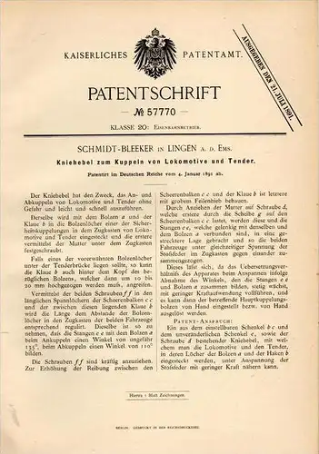 Original Patentschrift - Schmidt - Bleeker in Lingen a.d. Ems , 1891 , Kupplung für Lokomotive , Tender , Eisenbahn !!!