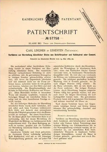 Original Patentschrift - Carl Lindner in Lehesten i. Thüringen , 1889 , künstliche Steine aus Schiefer , Cement  !!!