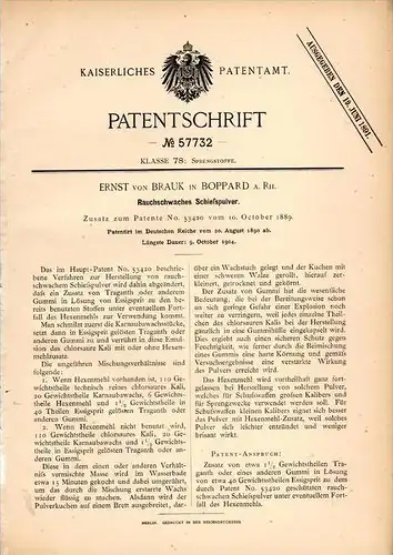 Original Patentschrift - Ernst von Brauk in Boppard a. Rh. , 1890 , rauchschwaches Schießpulver , Jagd , Militär !!!