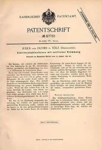 Original Patentschrift - Julius von Olivier in Tölz , 1890 , Schlittschuh - Laufeisen , Eislauf , Eiskunstlauf !!!