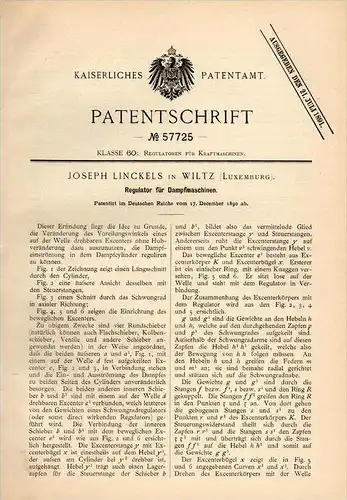 Original Patentschrift - J. Linckels in Wiltz , Luxemburg , 1890 , Regulator für Dampfmaschine , Luxembourg !!!