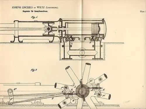 Original Patentschrift - J. Linckels in Wiltz , Luxemburg , 1890 , Regulator für Dampfmaschine , Luxembourg !!!