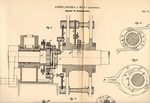 Original Patentschrift - J. Linckels in Wiltz , Luxemburg , 1890 , Regulator für Dampfmaschine , Luxembourg !!!