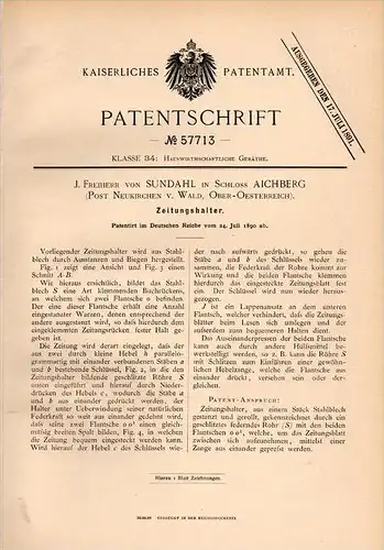 Original Patentschrift - J. Freiherr von Sundahl in Schloss Aichberg , 1890 , Zeitungshalter , Zeitung , Eichberg !!!