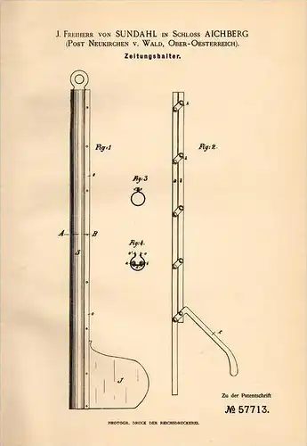 Original Patentschrift - J. Freiherr von Sundahl in Schloss Aichberg , 1890 , Zeitungshalter , Zeitung , Eichberg !!!