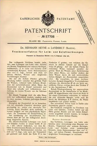Original Patentschrift - Dr. H. Heyne in Landshut , 1890 , Trocknung von Leim und Gelatine , Farben , Lack !!!