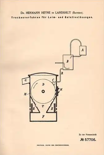 Original Patentschrift - Dr. H. Heyne in Landshut , 1890 , Trocknung von Leim und Gelatine , Farben , Lack !!!