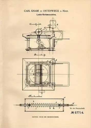 Original Patentschrift - Carl Knabe in Osterwieck a. Harz , 1890 , Leder - Färbmaschine , Färberei , Fell !!!