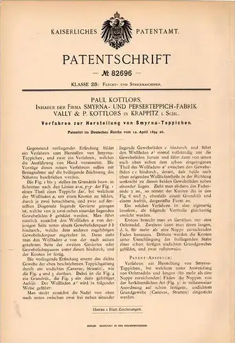 Original Patentschrift - Vally & Kottlors in Krappitz / Krapkowice i. Schl., 1894 ,  Smyrna - Teppich , Perser !!!