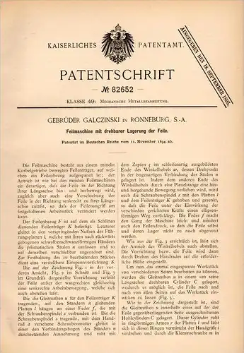 Original Patentschrift - Gebr. Galczinski in Ronneburg , 1894 , Feilmaschine , Metallbau , Feile , Thüringen !!!